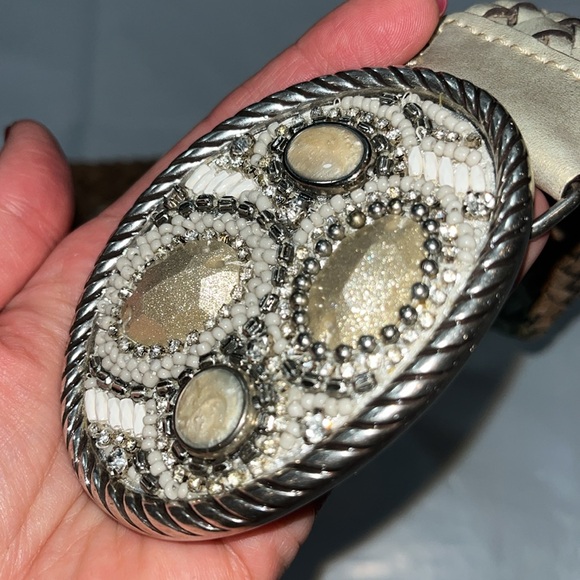 Chicos BLING beige white gem stone WIDE hook BELT beaded OVAL BUCKLE braided 41” - Picture 13 of 13